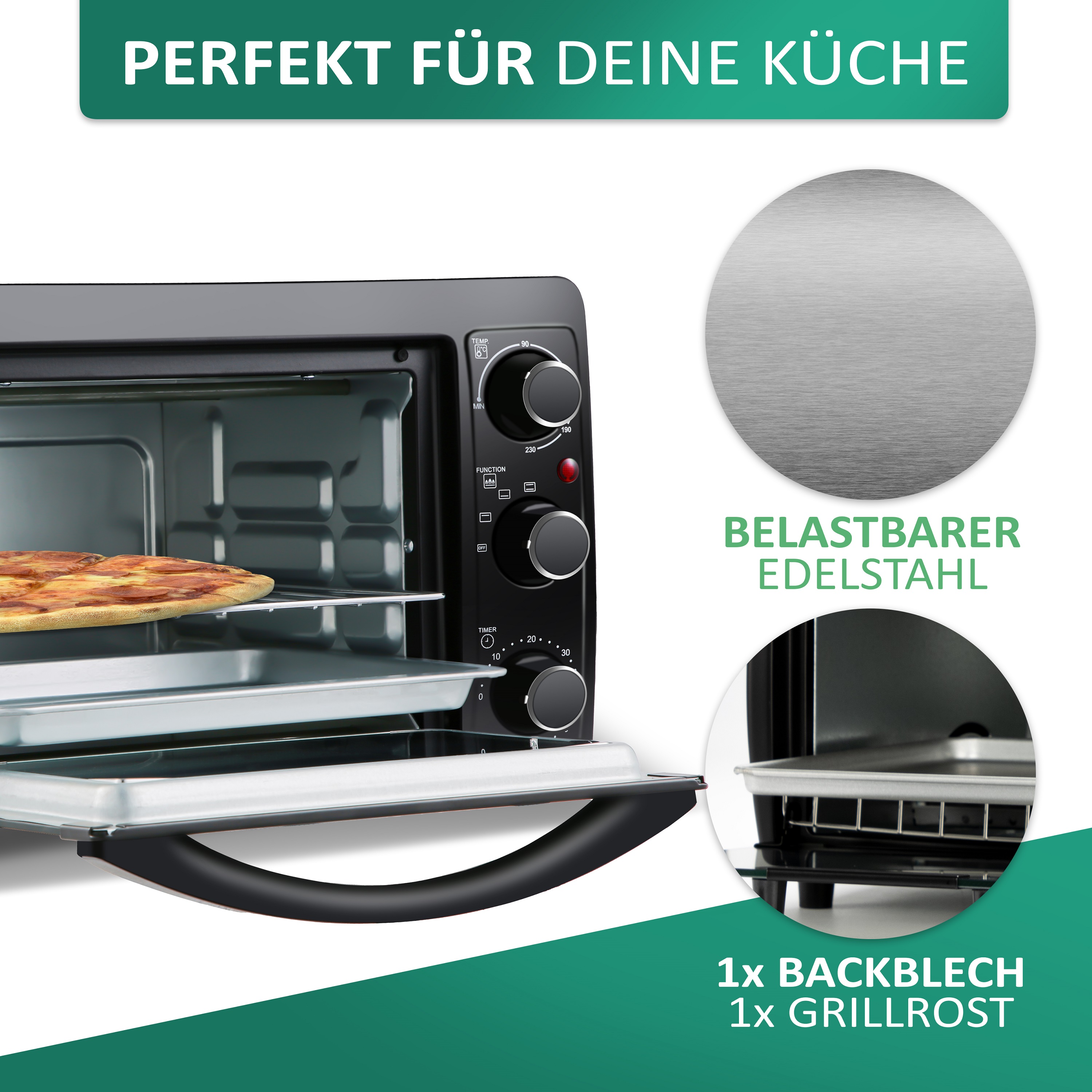 Tristar Heißluftofen 27L – Mit 6 Heizarten, Umluft, Timer & Doppelglas-Tür, Inkl. Backblech & Grillrost