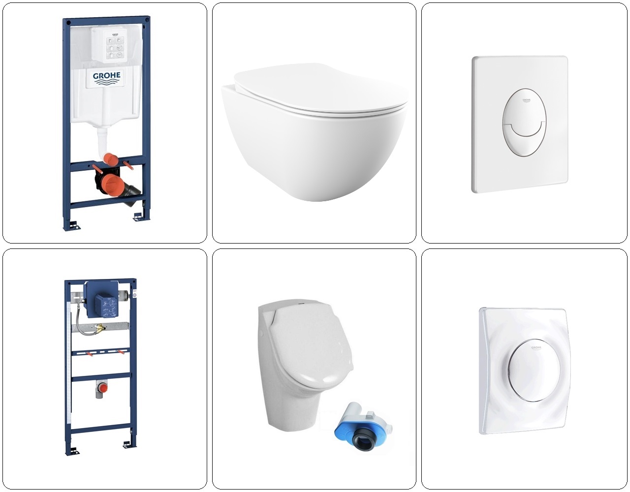 FREE Wand WC spülrandlos mit SoftClose WC-Sitz, Urinal & GROHE  Vorwandelemente + Betätigungsplatten, weiß